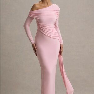 Off-Shoulder Blush Pink Ruched Evening Gown